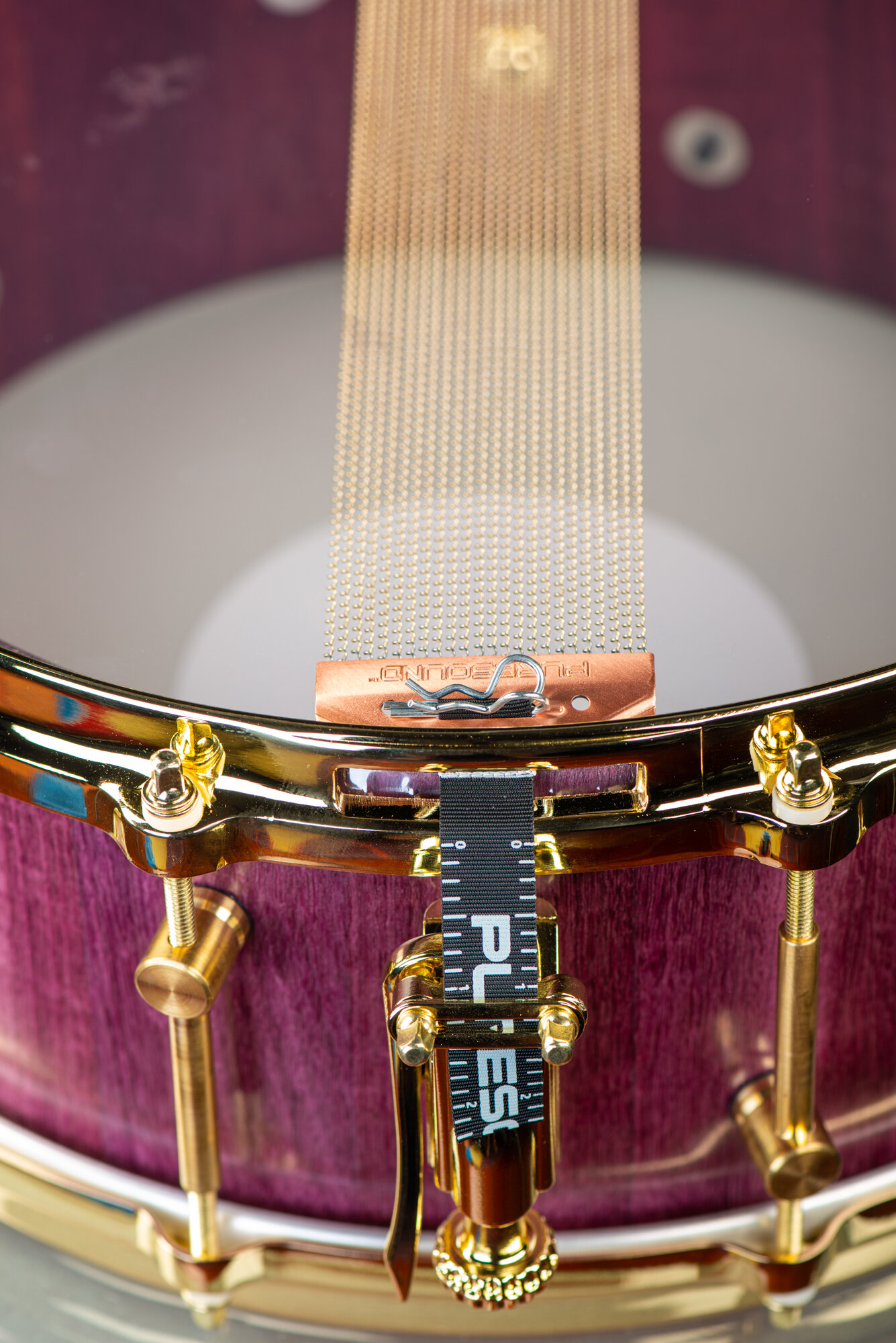 Bottom view of a glossy purpleheart wood snare drum featuring polished gold hardware and snare wires.