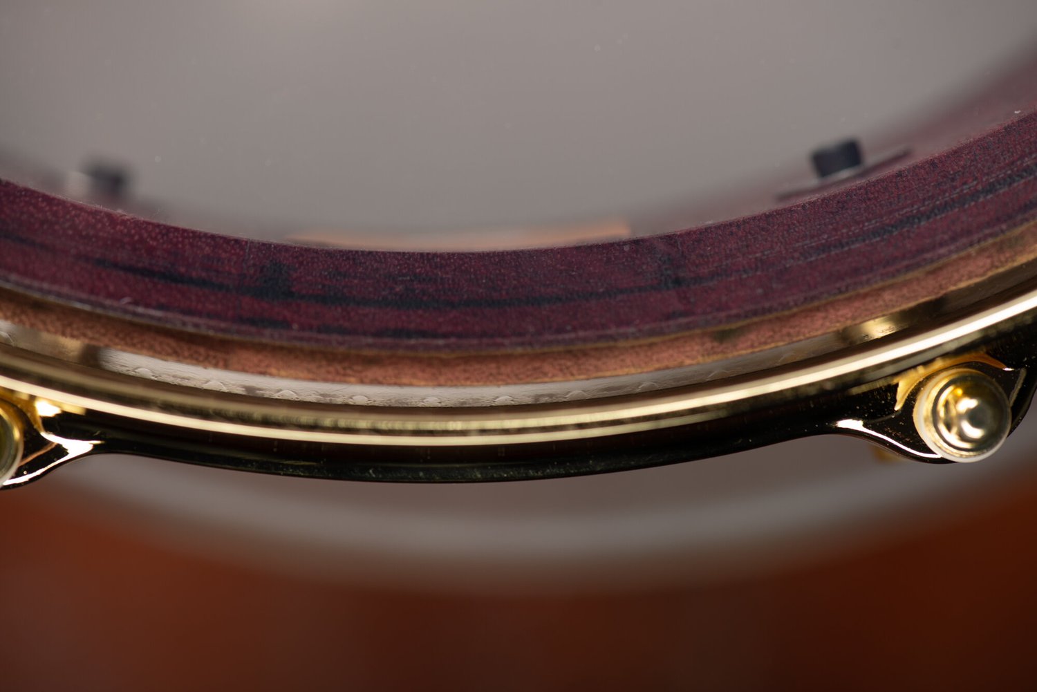 Close-up of a layered purpleheart wood snare drum shell edge fitted with a clear head and polished gold hoop hardware.