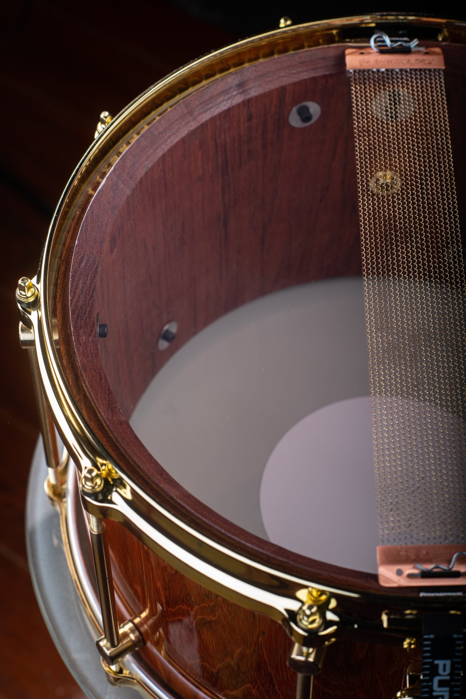 Bottom of a glossy wood snare drum featuring gold-plated hoops and bronze snare wires over a clear resonant head.