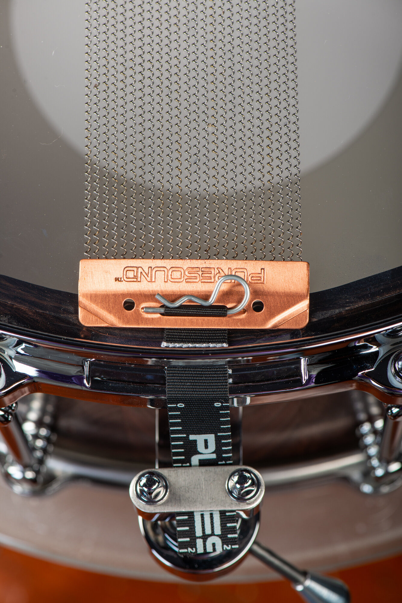 Underside of a dark wood snare drum with a clear finish, chrome rim, and PureSound snare wires with a copper plate.