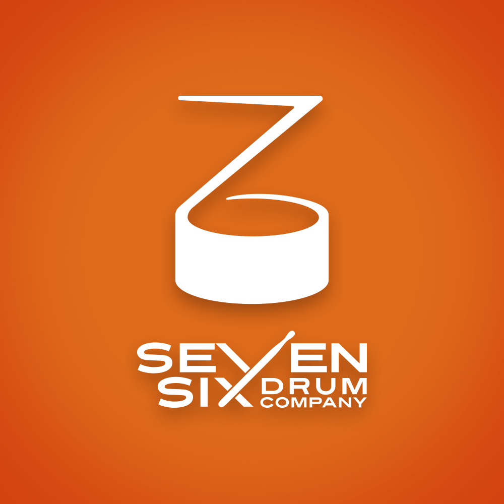White Seven Six Drum Company logo featuring a stylized drum forming the numbers 7 and 6 against an orange gradient background.